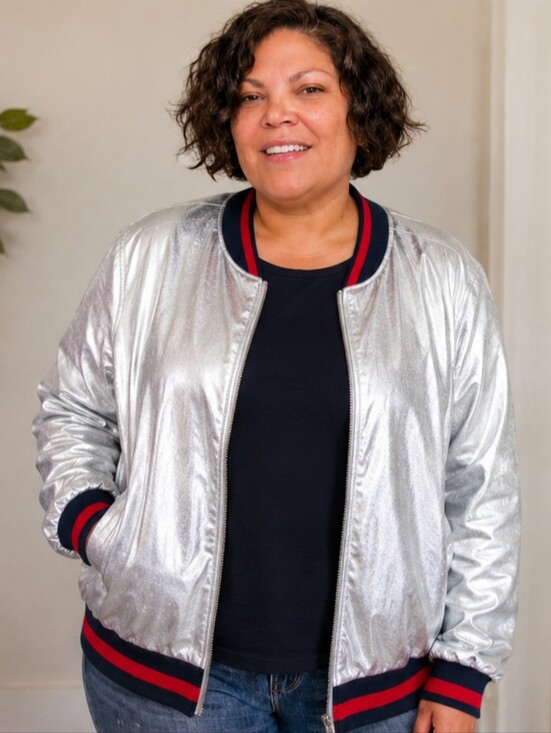 Eloquii Jackets & Blazers - Eloquii Silver Metallic Bomber Jacket with Navy & Red Trim